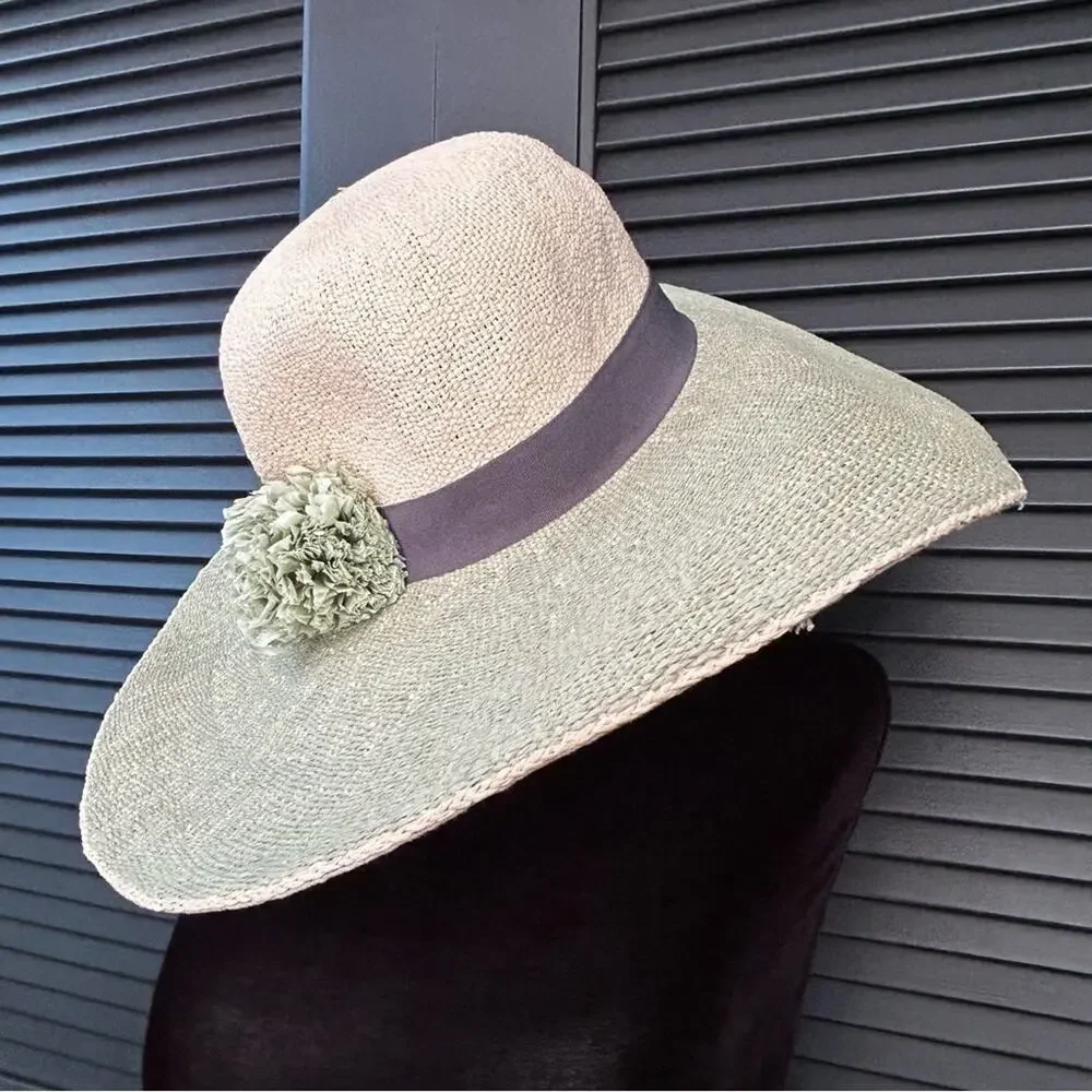 C.C 100% Paper Wide Brim TwoToned Hat, Raffia Flowers on Gray Band Cream & Green